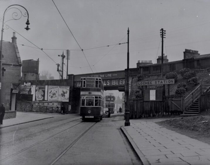 A tram passing Lochee Station in the 1950s.