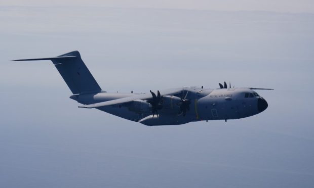 A Royal Air Force A400M Atlas aircraft, flying out of RAF Brize Norton on Saturday May 6, 2023.