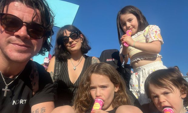 To go with story by Rebecca Baird. Kyle Falconer Big Interview summer 2024 Picture shows; Kyle Falconer with his partner Laura Wilde, daughters Wylde and Winnie and son Jet. . Travels across Europe. Supplied by Image: Supplied Date; 2024