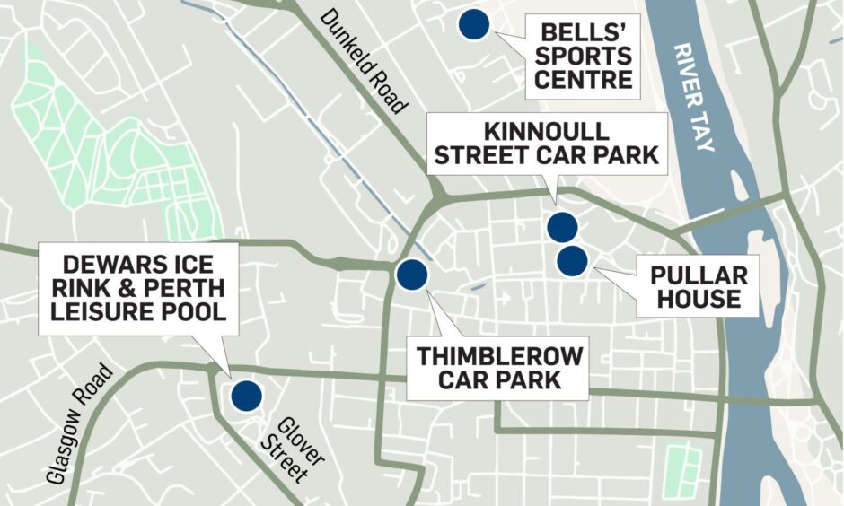 Map showing location of existing Perth sports facilities and Thimblerow in Perth