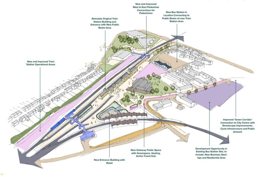 Architect drawing showing reimagined Perth train station, with new bus station on site close to tracks, a public space at the entrance and the former bus station redeveloped for housing