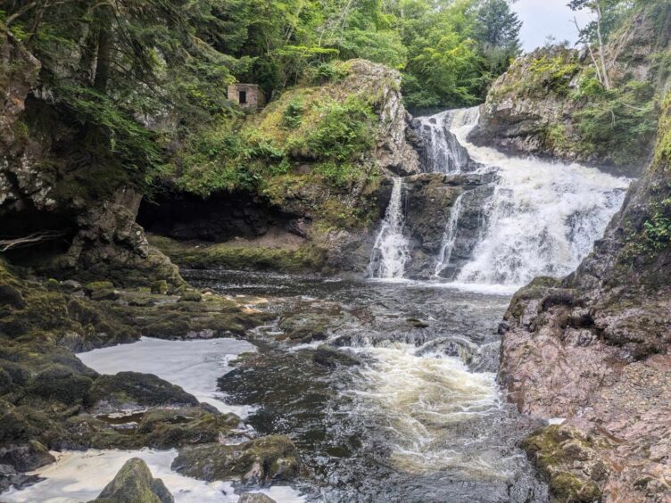 The base of Reekie Linn waterfalls - from the south side of the River Isla. Image: Gayle Ritchie.