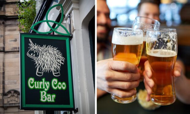 Sign reading "Curly Coo" (left) and two pints of beer (right).