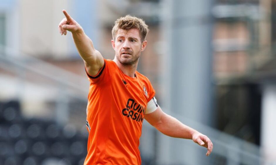 Ross Docherty gestures while making his return to action for Dundee United last Sunday