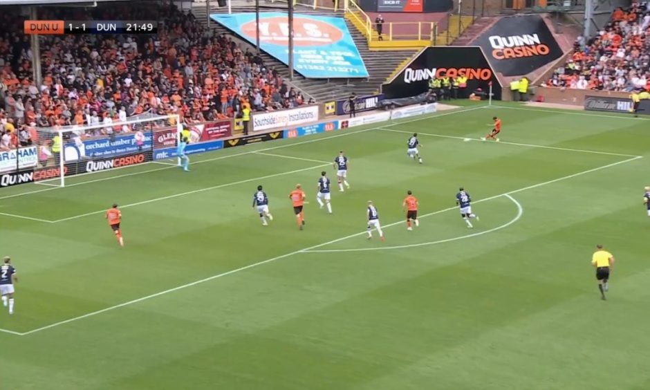 The Dundee defence is caught lop-sided as Miller Thomson (far left) is left unmarked. Image: Sky Sports