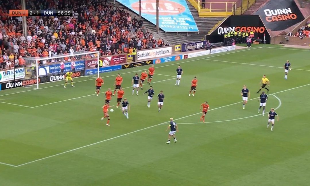 Dundee have all 10 outfield players in or around the United box - but get caught out. Image: Sky Sports