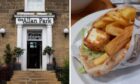 Restaurant sign reading "Allan Park" (Left) and pitta bread with chips and halloumi (right).