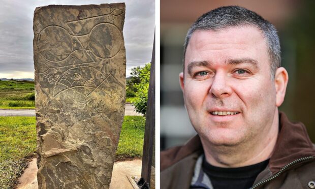 David McGovern has carved a recreation of the famous Fiskavaig Pictish stone on Skye. Image: Monikie Rock Art