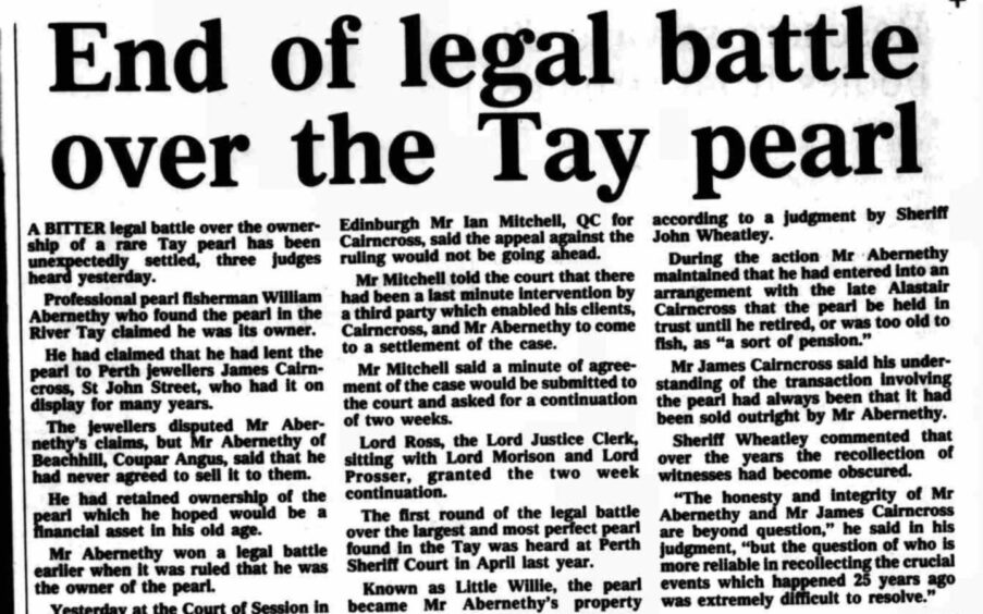 Newspaper cutting headlined 'End of legal battle over the Tay pearl'