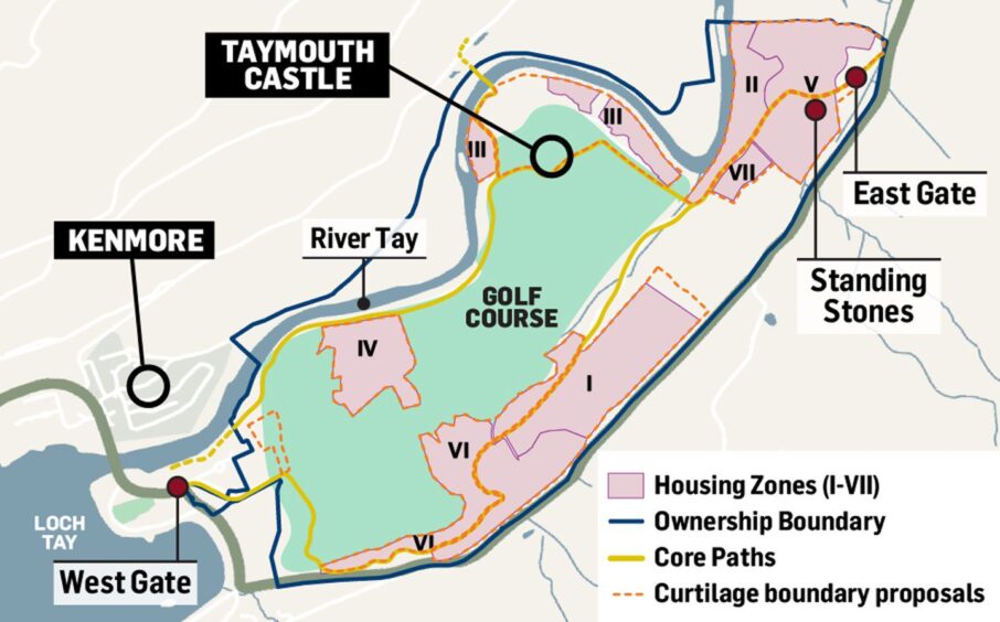 Map showing areas of Taymouth estate blocked off for housing and blocked core paths