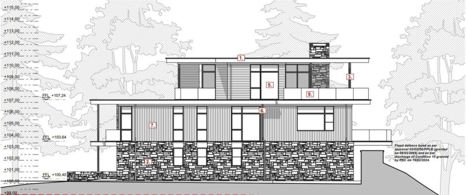 Architect drawing showing flat roofed timber and stone house against bund next to River Tay