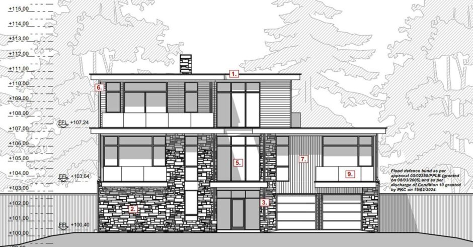 Architects drawing of homes planned for Taymouth Castle estate. The design is boxy with a flat roof and stone walls, set in trees.