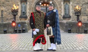 Dundee cousins Alec Lawson and John Brown on the Edinburgh Castle esplanade where they are performing in the Royal Edinburgh Military Tattoo. Image: Royal Edinburgh Military Tattoo