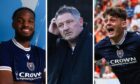 Dundee boss Tony Docherty (middle) has options to ponder for today's clash with Hearts including new signing Billy Koumetio (left) and striker Seb Palmer-Houlden.