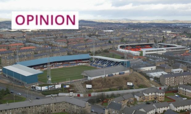 an aerial view of Dundee showing Tannadice Park and Dens Park,