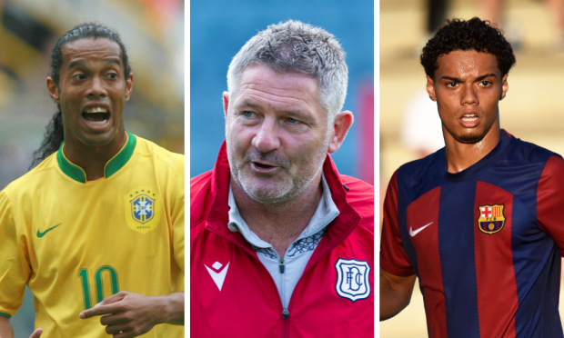 Brazil and Barcelona legend Ronaldinho (left) could see his son  Joao Mendes (right) turn out for Tony Docherty's Dundee.