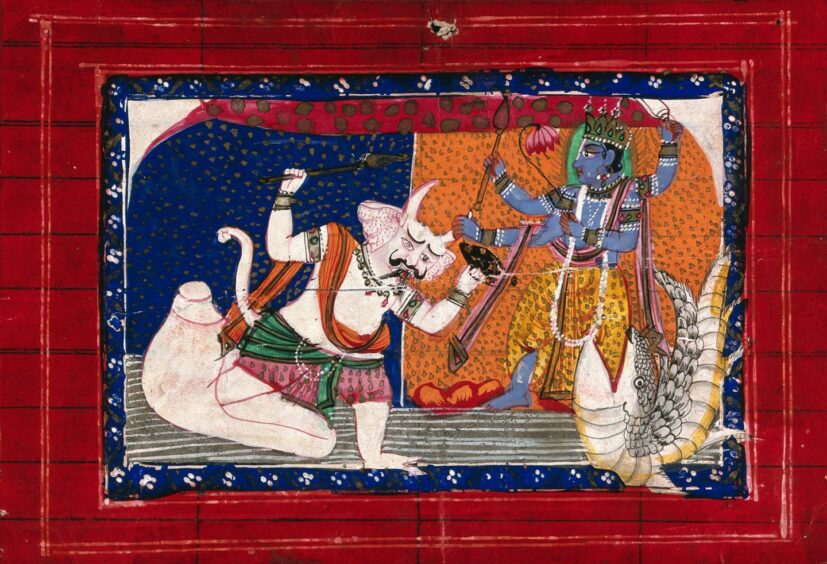 Painting of Hindu god Vishnu as fish fighting demon