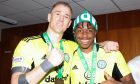 Tobi Oluwayemi with Joe Hart as Celtic celebrate their 2021/22 Premiership title triumph.