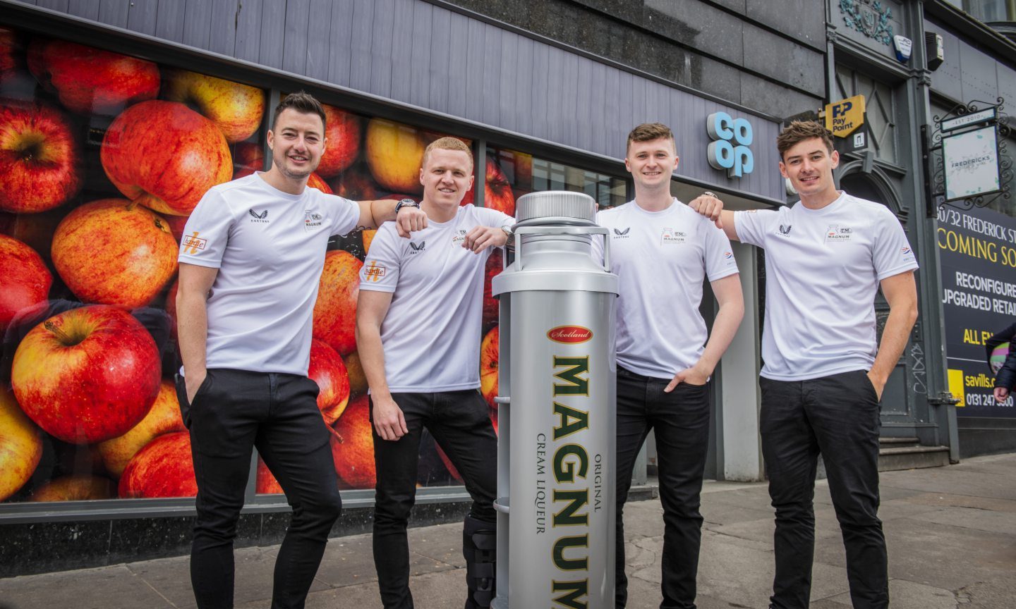 Team Mouat, Bruce Mouat, Hammy McMillan, Grant Hardie and Bobby Lammie with a large Magnum outside Co-op. Kirkcaldy. Image:  Chris Watt Photography