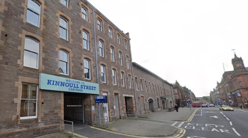 Kinnoull Street car park entrance with Pullar House council offices next door, on Kinoull Street, Perth