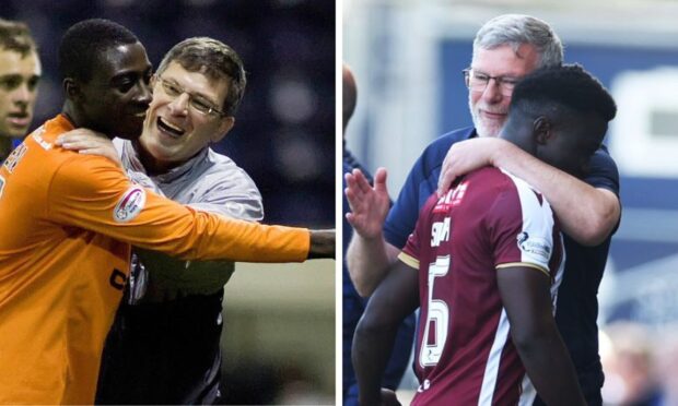 Craig Levein with Prince Buaben and Adama Sidibeh.