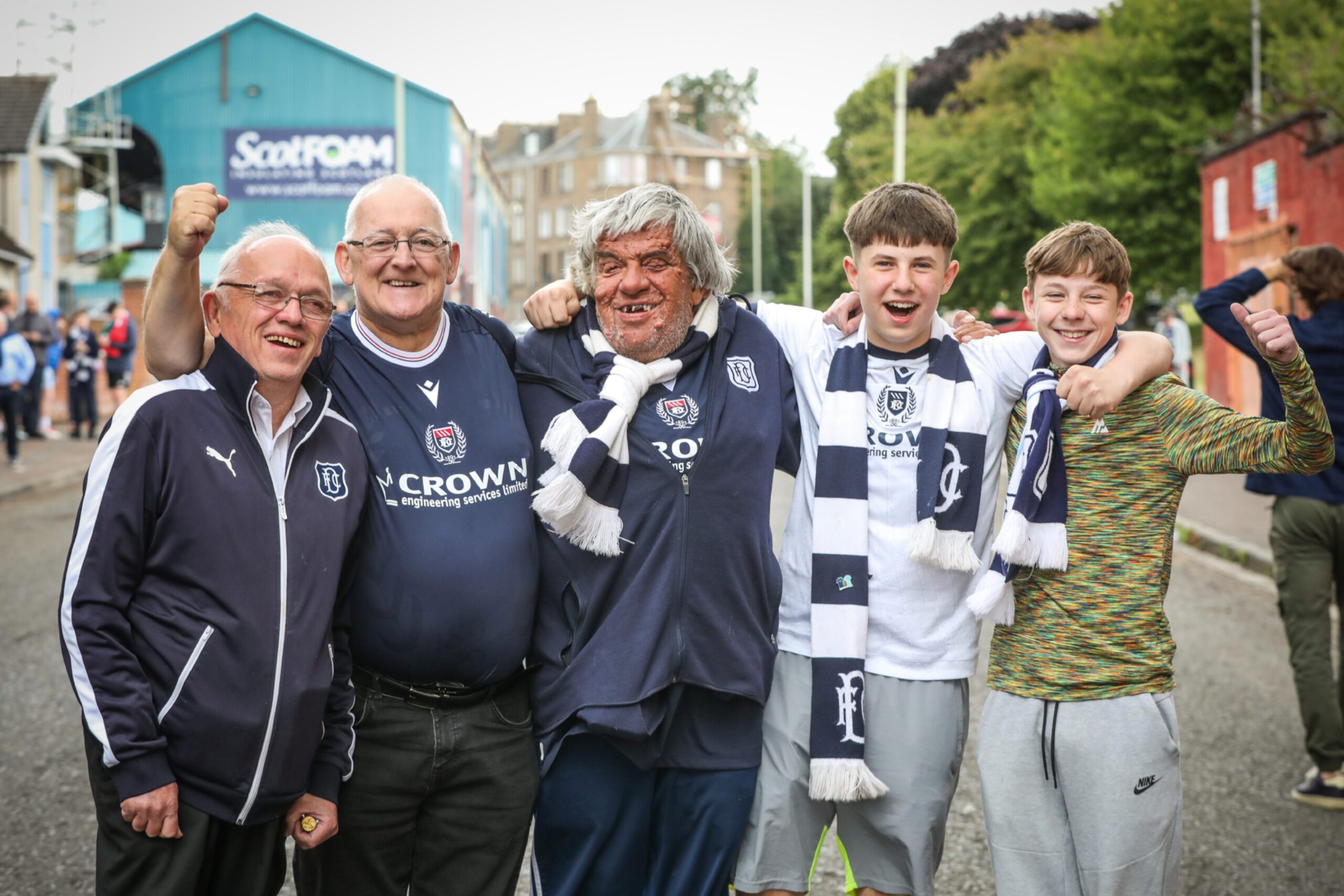 Dee fans Allan Guid, Brian Rattray, Steve Macgee, Jack Anderson and Daniel Todd making their way to the match.