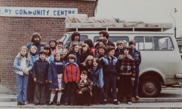 Members of Fintry Community stand beside a loaded minibus as the 5-11 Club takes a trip to Kinloch Rannoch in April 1979.