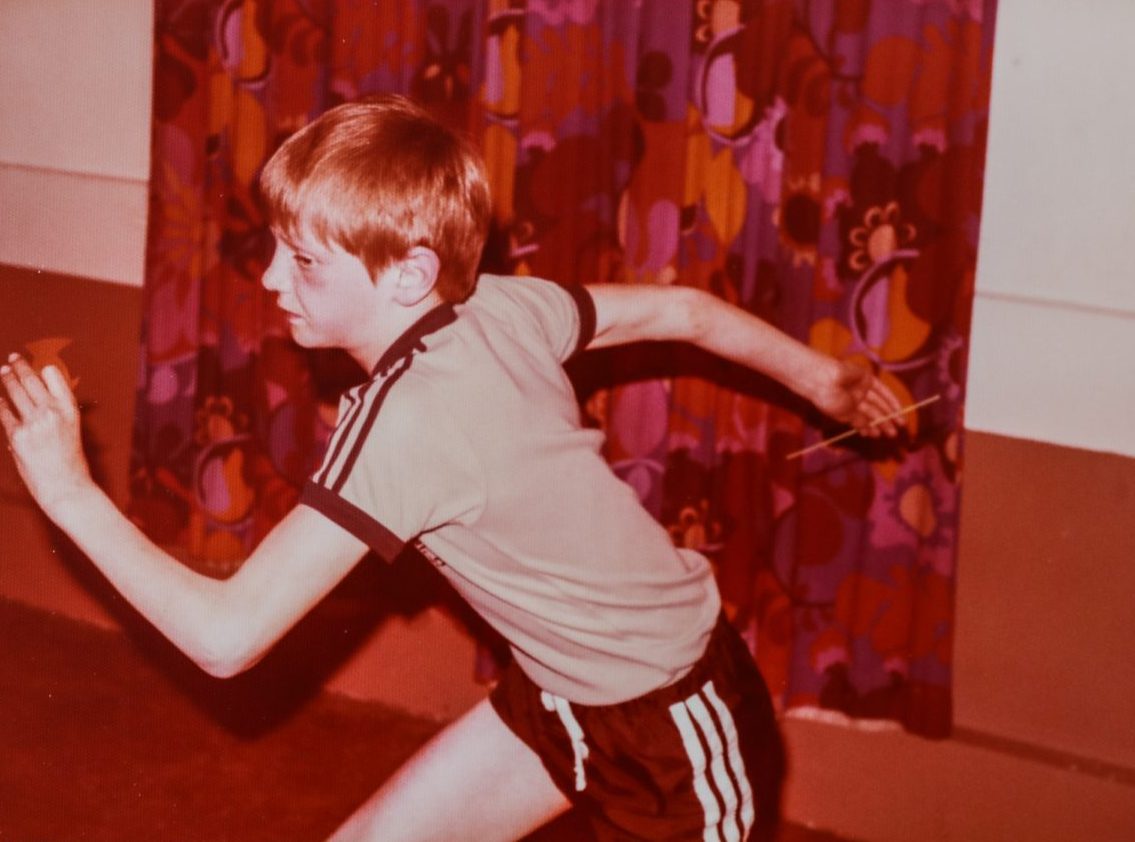 Gary Robertson running indoors while on a trip with Fintry Clubbie in 1979. 