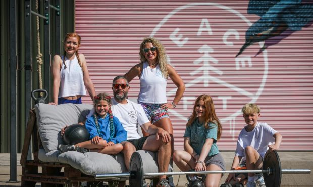 The sporty Forster family from Fife at their Peacefit gym. Mum Emma and dad Ross with their four children Jess, Molly, Emma, Belle and Mac.