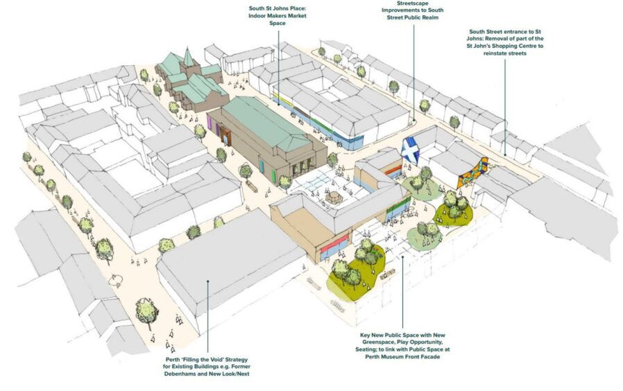 Artists impression showing layout of Perth with part demolished St John's centre, opening up into public space with trees 