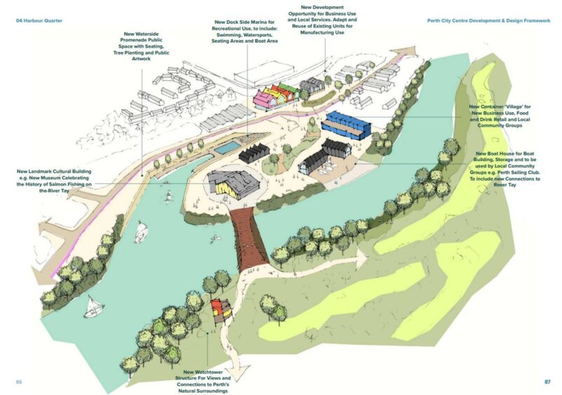 Architect drawing for Perth harbour showing bridge to Moncreiffe Island, marina and salmon fishing museum, among other attractions