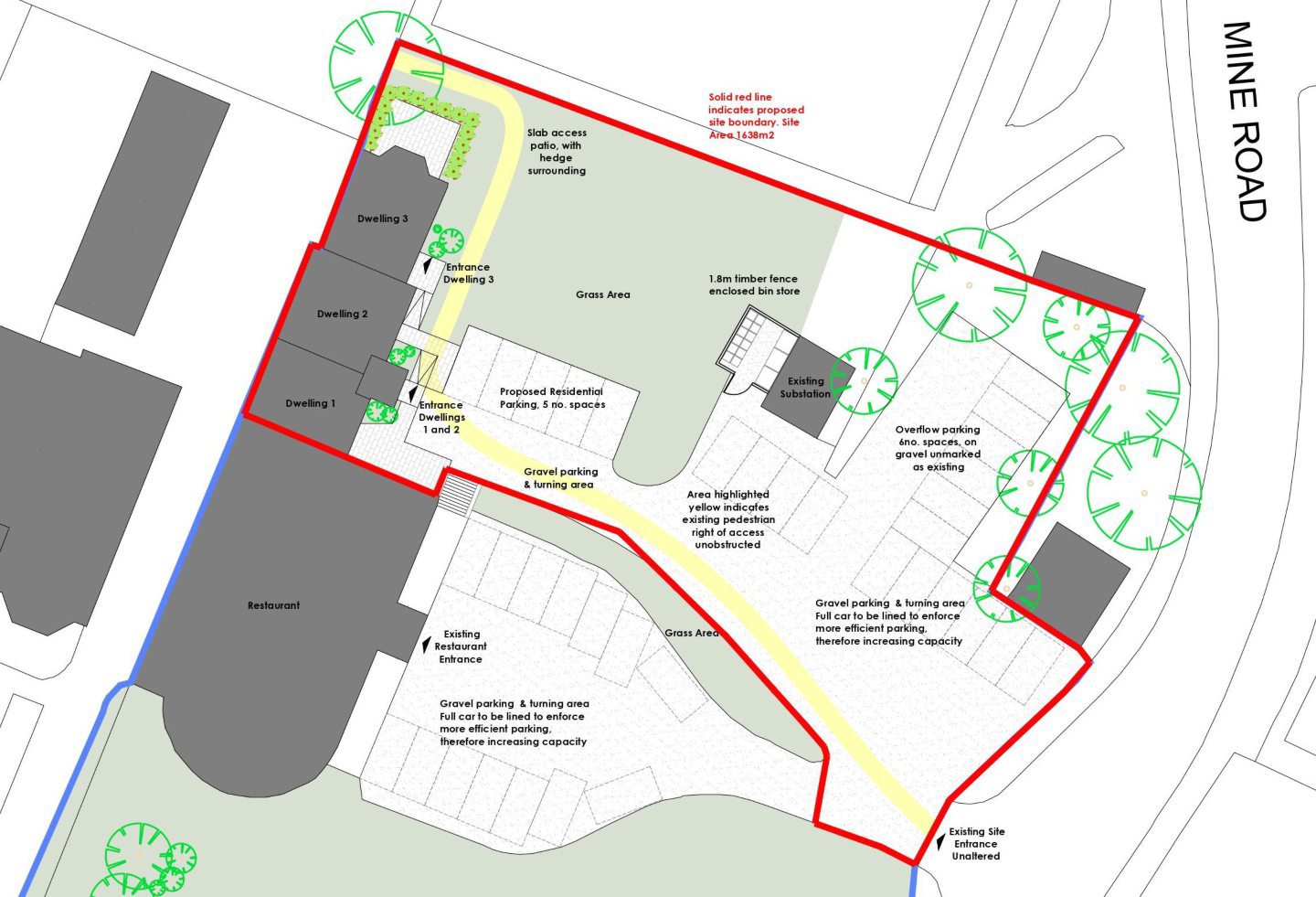 Map showing the site plan of the development. Each dwelling is mapped out, alongside parking and proximity to the restaurant. 