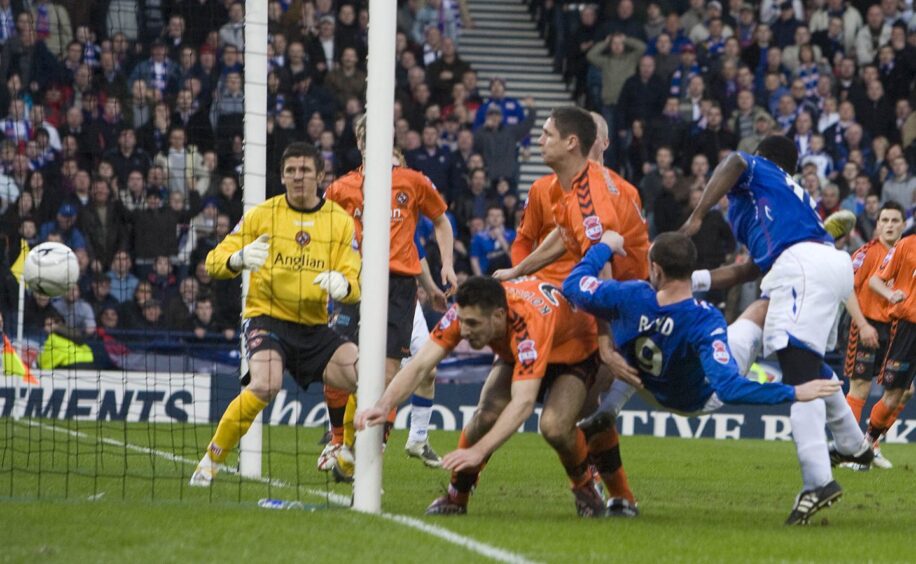 Kris Boyd makes it 2-2 in extra-time in the 2008 CIS Cup Final before Rangers won the game on penalties. Image: SNS