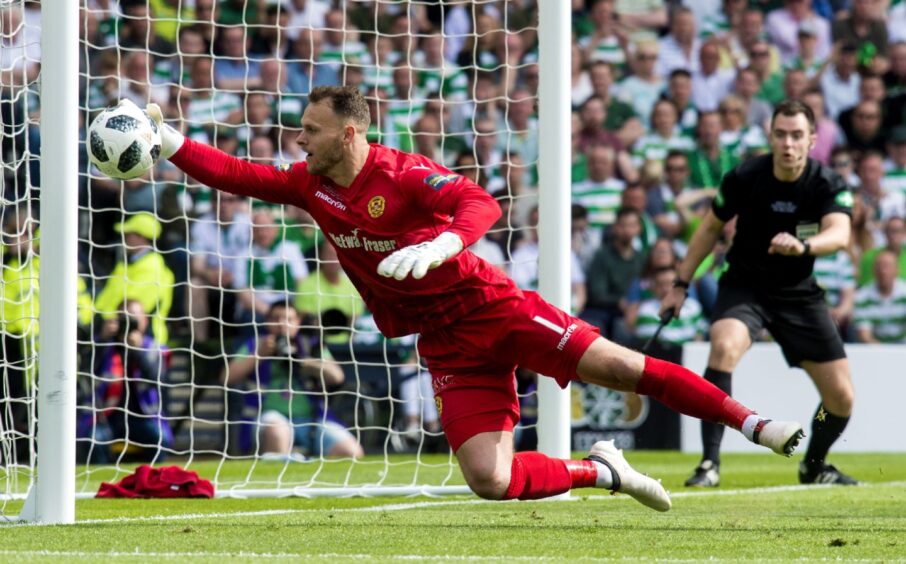 Trevor Carson in action for Motherwell in the Scottish Cup Final. Image: SNS