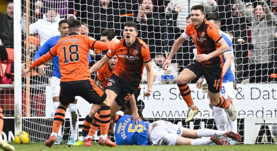 Ross Graham celebrates his first goal for Dundee United - against Rangers at Tannadice