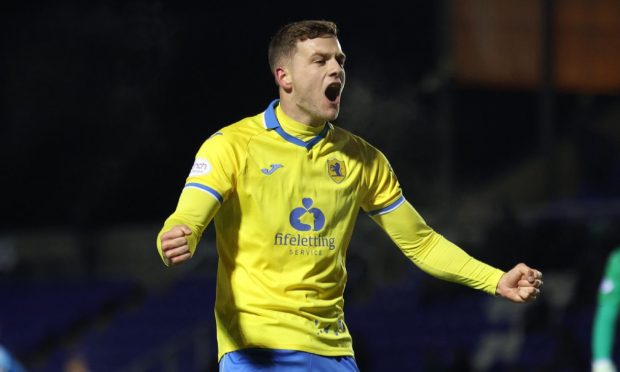 Jamie Gullan celebrates scoring for Raith Rovers.