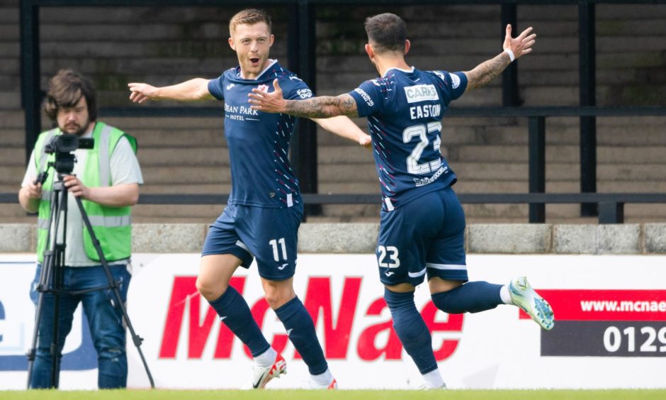 Callum Smith celebrates Raith Rovers' opening goal against Ayr United.