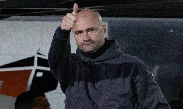 Dunfermline Athletic F.C. manager James McPake gives a thumbs up from the touchline