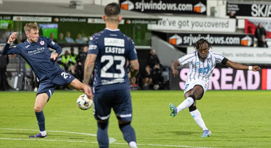 Ewan Otoo flashes in the crucial breakthrough goal for Dunfermline Athletic FC against Raith Rovers.