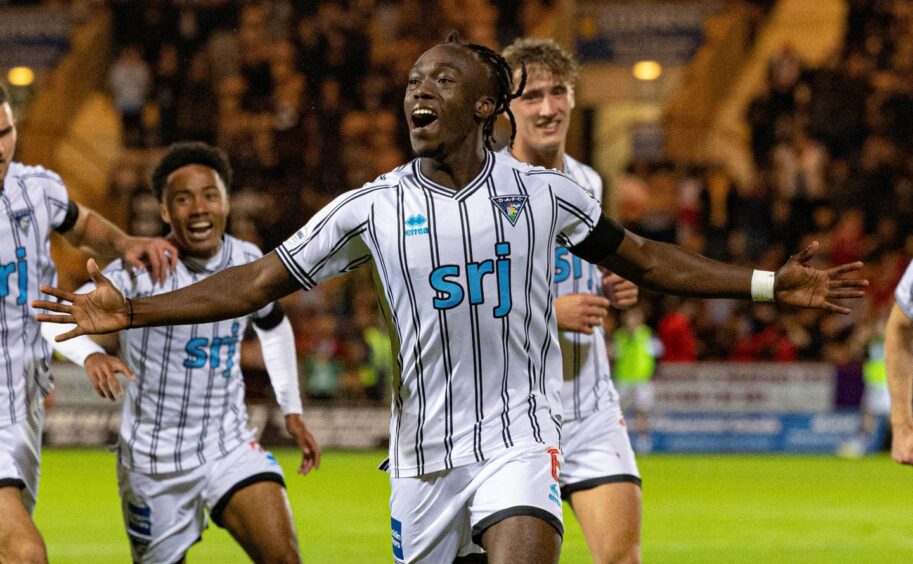 Ewan Otoo celebrates scoring for Dunfermline Athletic.