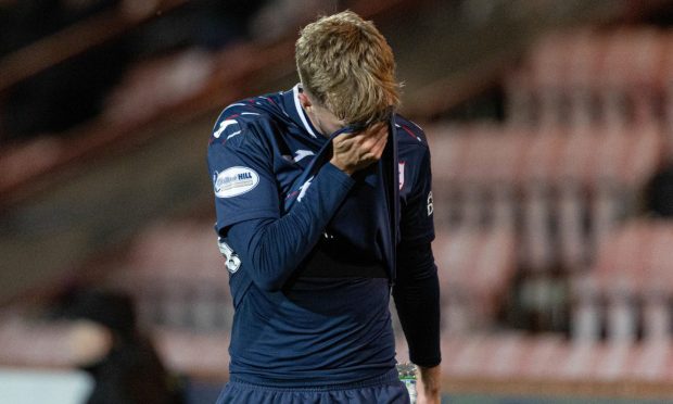 Striker Lewis Jamieson looks dejected as Raith Rovers lose to Dunfermline Athletic.