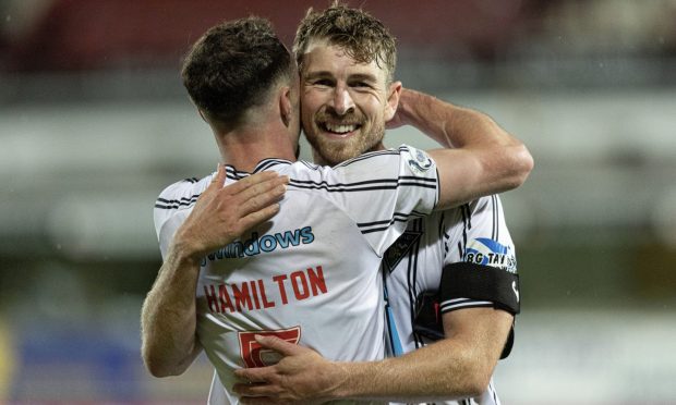 Fife derby hero David Wotherspoon is congratulated by Dunfermline team-mate Chris Hamilton.