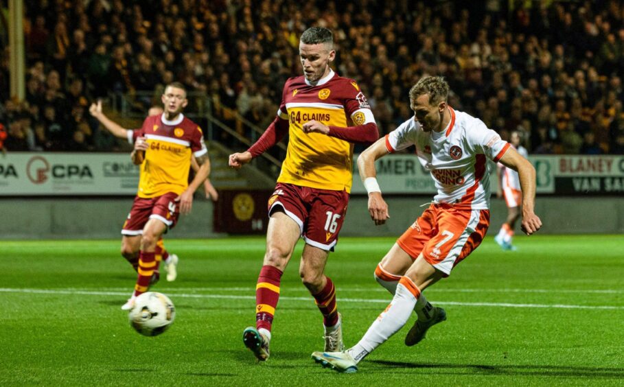 Dundee United's Kristijan Trapanovski is denied against Motherwell