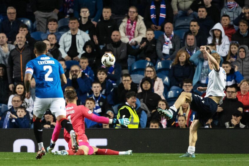 Scott Tiffoney is denied by Rangers keeper Jack Butland. Image: Alan Harvey/SNS