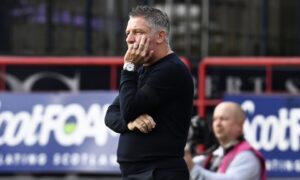 Frustrated Tony Docherty watches on as Dundee fell to their first home defeat of the season. Image: SNS