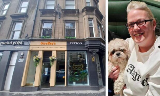 Harvey's takeaway on Whitehall Crescent and new manager Fallon Boyd with dog Harvey. Image: John Justice