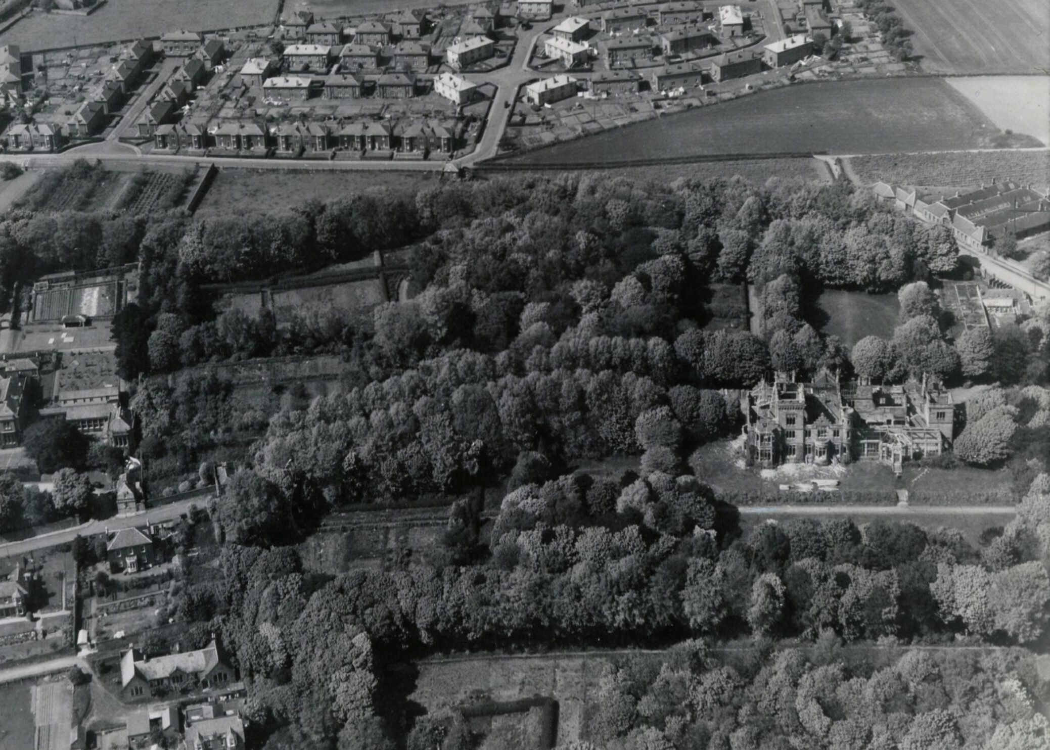 Castleroy can be seen to the right of this aerial photograph, which also shows trees and Broughty Ferry homes