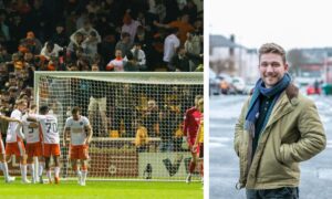 United fans celebrate the Motherwell equaliser and broadcaster Alistair Heather.