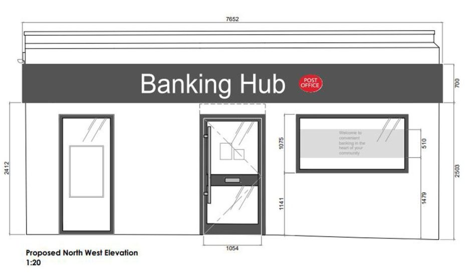 Architect drawing of banking hub in converted square-shaped toilet block