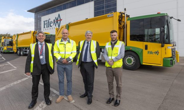 Ally Cormack, Hillend Engineering, Shaun Kenyon Waste Operations Team Manager, Fife Council Councillor Altany Craik and Kev Somerville Waste Operations Officer, Fife Council. Image: Fife Council